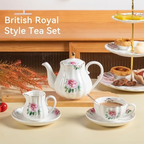 Porcelain Tea Sets British Royal Series, 8 OZ Cups & Saucer Service for 6, with Teapot Sugar Bowl Cream Pitcher Teaspoons and Tea Strainer, Suitable for High Tea, Wedding, Party(Blush Pink) - Image 2