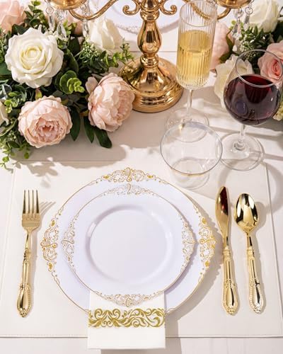 Morejoy 175PCS White and Gold Plastic Plates,Gold Plastic Dinnerware Sets - Image 2
