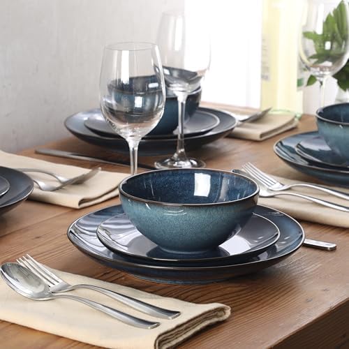 Gibson Elite Castle Peak Plates and Bowls Set, 12-Piece Dinnerware Set, Blue Reactive Glaze Stoneware Dishes, Dinner Plates, Salad Plates & Cereal Bowls - Image 3