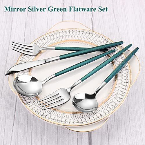 VANVRO Mirror Silver Green Silverware Set, 20-Piece Stainless Steel Flatware Set, Satin Finish tableware Cutlery Set, Service for 4, Home and Restaurant, Dishwasher Safe - Image 3