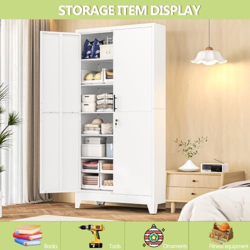 White Kitchen Pantry Cabinets,79 Metal Lockable Storage for Office - Image 3