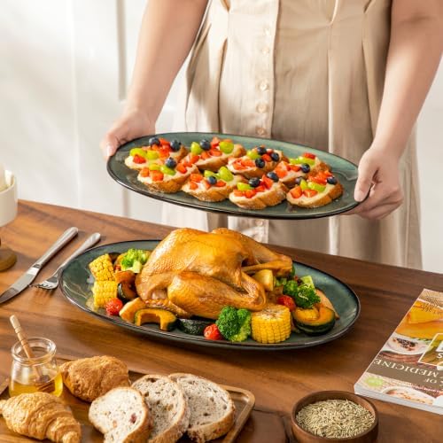 vancasso Ceramic Serving Platters Set of 3, Oval 16/14.7/13.5 Inch Stoneware Serving Dishes for Entertaining, Microwave Safe Serving Trays for Food, Turkey, Cheese, Party, Reactive Glaze Green - Image 6