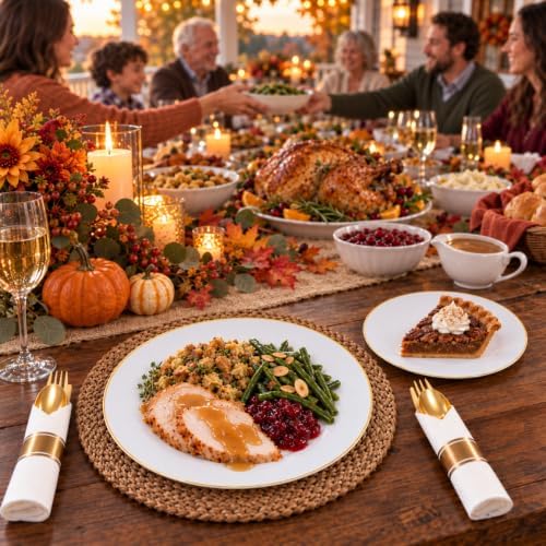 KIRE 175PCS Gold Plates Disposable - Heavy Duty White and Gold Plastic Plates Dinnerware Sets - 25 for Dinner 25 for Dessert 25 Pre Rolled Napkins and 25 Cups for Wedding/Party/Halloween/Thanksgiving - Image 4