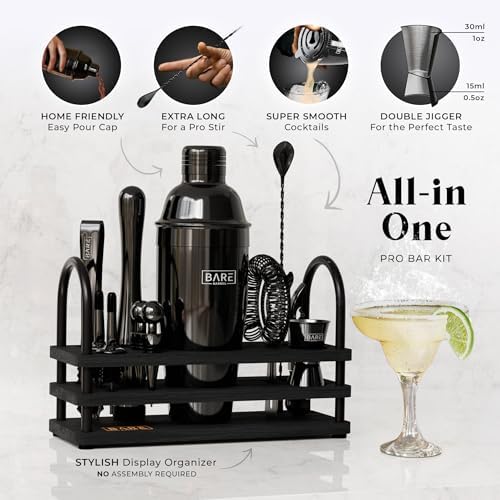 BARE BARREL® Mixology Bartender Kit Bar Set | 14-Piece Cocktail Shaker Set | Martini Barware Mixing Tools for Home Bartending | 35 Recipe Cards | Gift Set (24oz Cobbler Shaker, Jet Black/Black) - Image 2