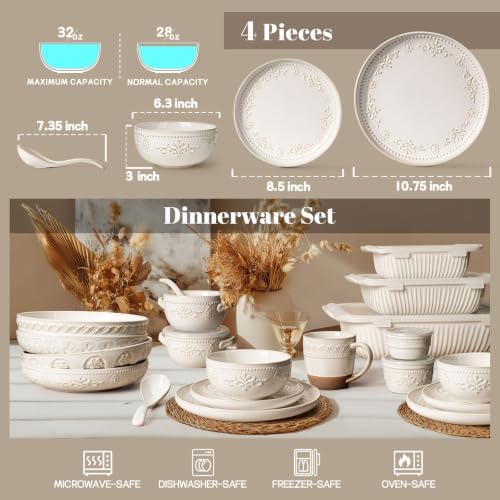 Artena 4-Piece Handcrafted Ceramic Dinnerware Set, Service for 1 – Reactive Glaze Embossed Plates, Bowls & Soup Spoons Included, Dishwasher & Microwave Safe, White, Damask Floral - Image 2