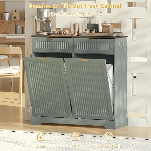 Double 13 Gallon Tilt Out Trash Can Cabinet,Garbage Cabinet with Drawer - Image 5