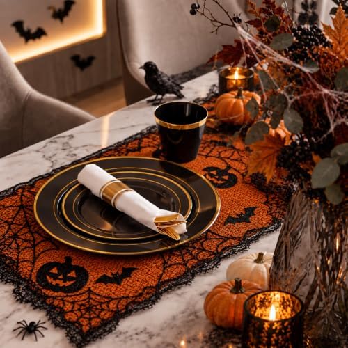 WELLIFE 210PCS Black and Gold Plastic Plates - Plastic Dinnerware Set for 30 Guests,Include 30 Dinner Plates, 30 Dessert Plates, 30 Black Cups 9 OZ, 30 Pre Rolled Napkins with Gold Silverware - Image 3
