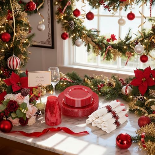 DaYammi 210PCS Red Glitter Plastic Dinnerware Set for 30 Guests - Image 2