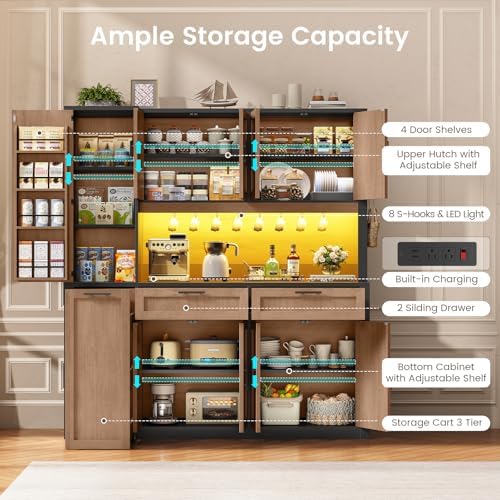 Itaar 71" Kitchen Pantry Cabinet with Charging Station and Led Light, Kitchen Storage Cabinets with Microwave Stand, 59" Wide Pantry Storage Cabinet with Storage Cart 3 Tier for Dining Room, Brown - Image 4