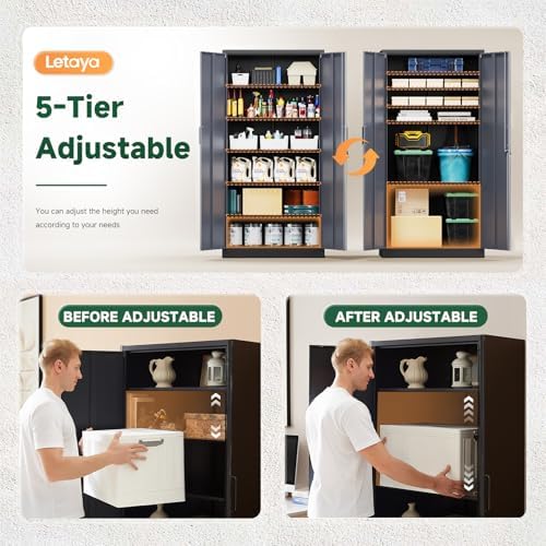 Letaya Metal Storage Cabinet with Lock Door and 5 Shelves,6 Tier Steel Garage Tool Cabinet for Home Office Utility Room 72" H X 36" W X18 D (Black Gray) - Image 4