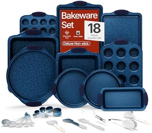 BAKKEN Kitchen Baking Pan Set - Nonstick Coating, Carbon Steel Bakeware Sets with Blue Silicone Handles, Baking Kitchen Essentials, PFOA, PFOS, PTFE Free, Oven Safe Tray (Up To 450° F), Set of 18 by BAKK%C3%8BNMASTER