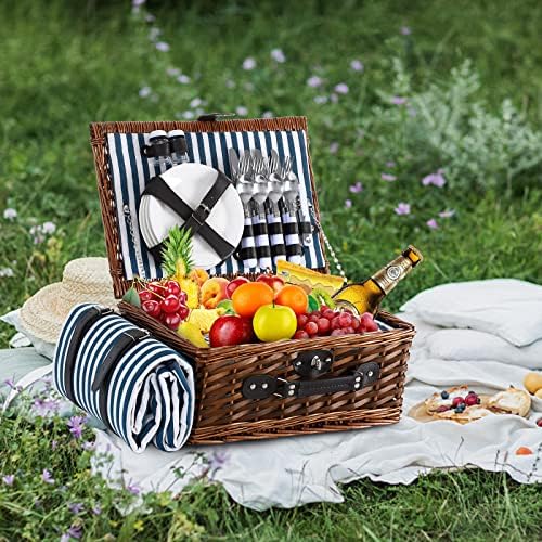 Picnic Basket for 4 with Waterproof Blanket, Blue &Grey Stripe - Image 2