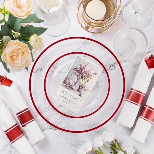 Goodluck 700 Pcs Clear Red Plastic Dinnerware Sets for Party for 100 Guests - Image 3