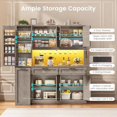 Itaar 71" Kitchen Pantry Cabinet with Charging Station and Led Light, Kitchen Storage Cabinets with Microwave Stand, 59" Wide Pantry Storage Cabinet with Storage Cart 3 Tier for Dining Room, Grey - Image 4