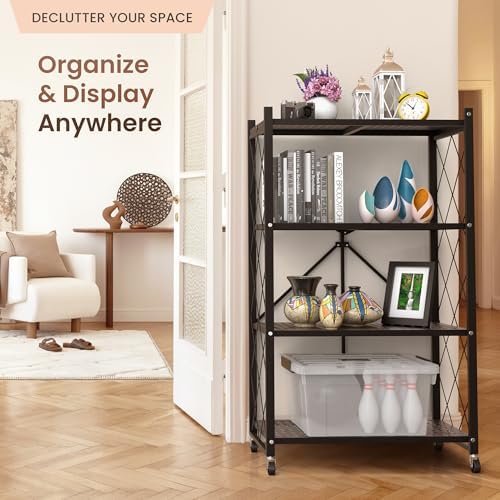 Our Modern Space 4-Tier Foldable Storage Shelf with Wheels | Metal Rack Collapsible Shelving Display | Rolling Cart for Books Kitchen Storage Shelves | Pantry & Closet Organizer | Office Room Decor - Image 6
