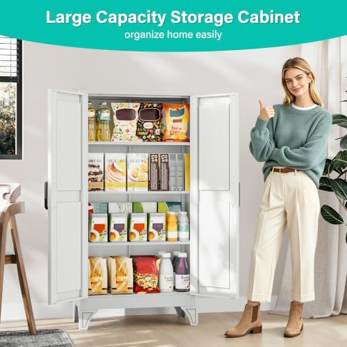 SISESOL 47" Tall Metal Pantry Cabinet,Farmhouse Kitchen Pantry Storage Cabinet with 2 Doors and 3 Shelves,White Storage Cabinet,Large Cupboard for Home,Kitchen,Dining/Living Room/Bathroom - Image 2