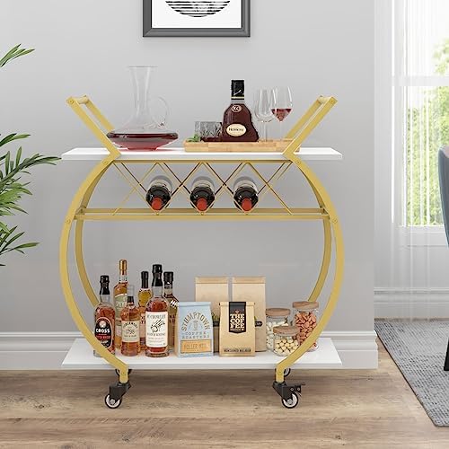 LVB Modern Bar Cart, Industrial Rolling Serving Wine Cart, White and Gold - Image 6