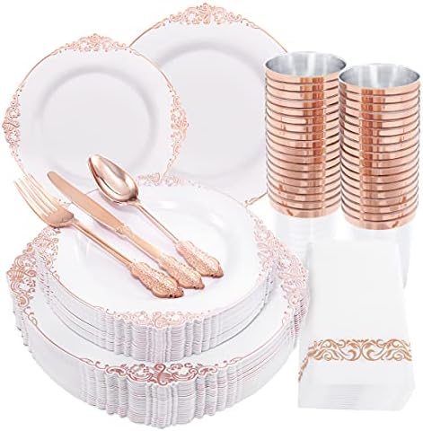 Morejoy 175PCS Rose Gold Plastic Plates & Disposable Dinnerware Sets by Morejoy