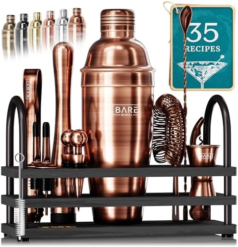 BARE BARREL® Mixology Bartender Kit Bar Set | 14-Piece Cocktail Shaker Set | Martini Barware Mixing Tools for Home Bartending | 35 Recipe Cards | Gift Set (24oz Cobbler Shaker, Copper/Black) by BareBarrel