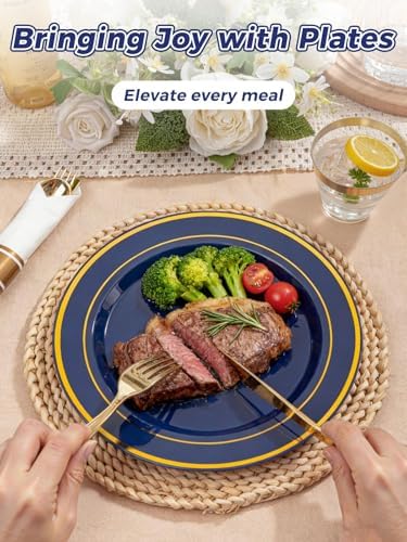 WDF Partyware 350PCS Navy Blue and Gold Plastic Plates with Rolled Napkins Include Dinner Plate 10’’, Dessert Plate 7’’, gold Cups 9 OZ, Pre Rolled Napkins for Birthday/Wedding/Party - Image 6