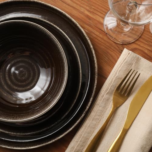 Gibson Elite Eclipse Swirls Plates and Bowls Sets, 12-Piece Stoneware Dinnerware Sets, Reactive Glaze Dish Set - Black - Image 6