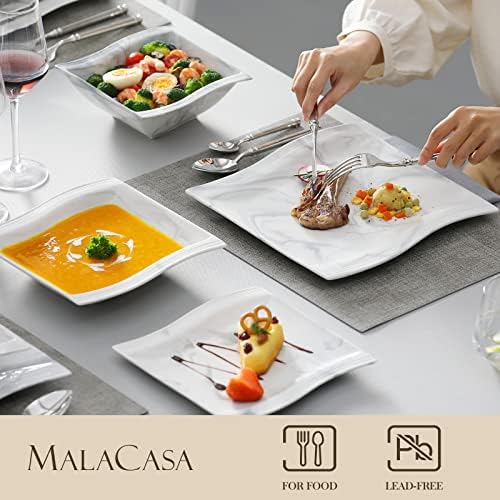 MALACASA Plates and Bowls Sets, 30 Piece Porcelain Dinnerware Sets for 6, Square Dinnerware Set with Dinner Plate, Dessert Plate, Soup Plate, Cup and Saucer, Modern Dish Set, Marble Grey, Series Flora - Image 3