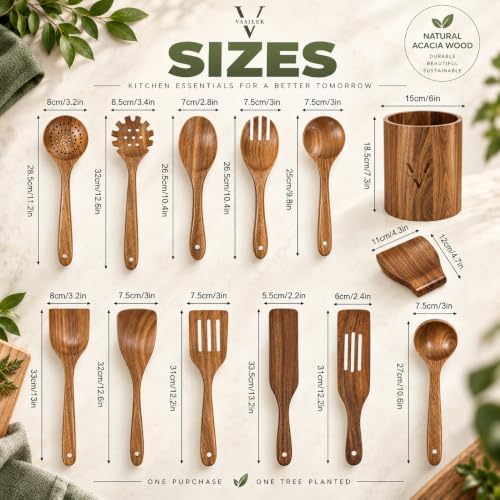 XXL Wooden Utensil Set, 13-Piece Acacia Wood Tools with Holder & Spoon Rest - Image 4