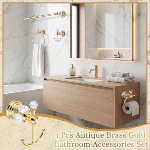 4 Pcs Polished Gold Crystal Bathroom Accessories Set with Adjustable Towel Bar & Semicircular Towel Ring & Toilet Paper Holder & Robe Hook, Luxury Vintage Bath Hardware Fixture Set (style 9) - Image 5