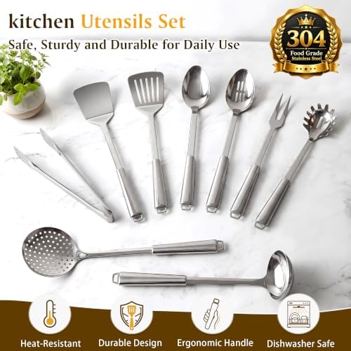 9 Pcs Cooking Utensils Set, 304 Stainless Steel Kitchen Utensils, Heat Resistant Metal Kitchen Tools Include Solid & Slotted Spatula, Serving Spoon, Ladle, Pasta Spoon, Fork, Tongs, Dishwasher Safe - Image 2