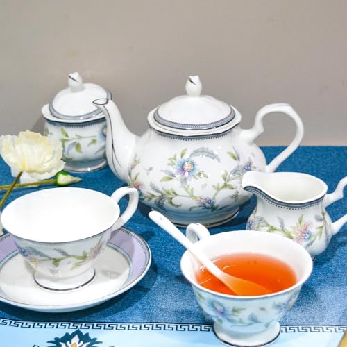 Bone China Tea Set, 21-Pieces Porcelain Tea Set for Adults, Tea Cups And Saucers for 6, with Teapot, Spoons, Sugar Bowl, Creamer Pitcher, Vintage Tea Set for Women Tea Party (Purple) - Image 5
