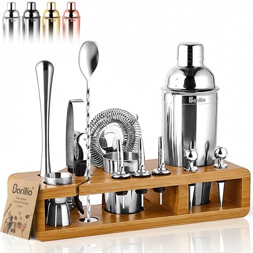 Barillio Bartender Kit - Stainless-Steel Cocktail Shaker Set w/Bamboo Stand - Mixology Bar Tools w/Drink Shaker, Mixer Spoon & Muddler for Cocktails - Home Bar Accessories - 23-Pc Bar Set - Silver by Barillio