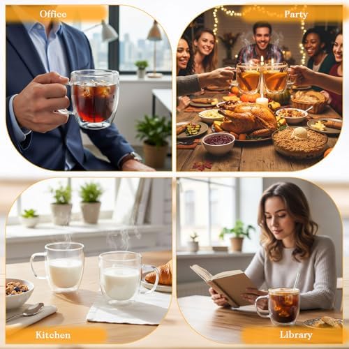 Patelai Glass Coffee Mugs Set of 6, 16 oz Clear Double Walled Coffee Cups Glasses Insulated Latte Mugs with Handle Espresso Clear Cups for Hot and Cold Beverages - Image 6