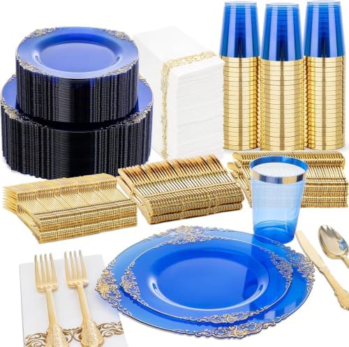 Nervure 350Pcs Blue Plastic Plates, Plastic Dinnerware Set for 50 Guests by Nervure