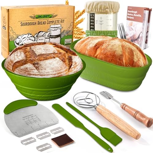 Sourdough Bread Baking Supplies 34 OZ Sourdough starter kit with 2 Bread Proofing Basket - Green by BICRET