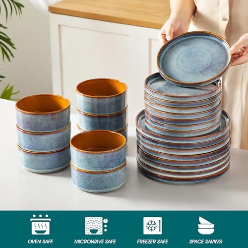 vancasso ONION Ceramic Plates and Bowls Sets, 24 Pieces Blue Dinnerware Sets for Kitchen, Reactive Glaze Dishes Set for 8, Dishwasher and Microwave Safe - Image 4