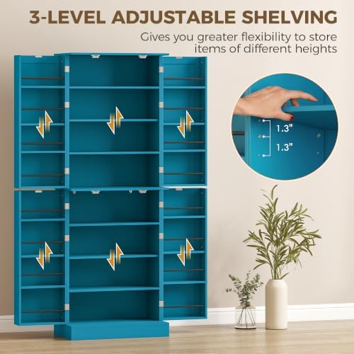 HOMCOM 65" Kitchen Pantry Storage Cabinet 16 Door Shelves Blue - Image 5