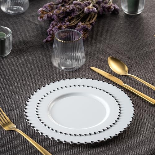 PLASTICPRO 64 Piece Combo Plastic Dinner Plates Disposable Plastic Fancy Heavy Duty Party Dishes 7 inch and 10 inch, White and Black Beaded - Image 2
