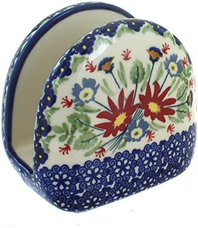 Blue Rose Polish Pottery - Red Jungle Bouquet Napkin Holder - 5" x 5" - Ceramic Napkin Holders, Decorative Dining Table Accessories by BlueRosePottery