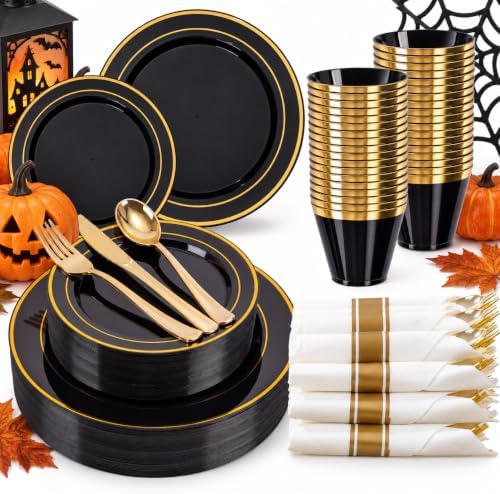 WELLIFE 210PCS Black and Gold Plastic Plates - Plastic Dinnerware Set for 30 Guests,Include 30 Dinner Plates, 30 Dessert Plates, 30 Black Cups 9 OZ, 30 Pre Rolled Napkins with Gold Silverware by WELLIFE