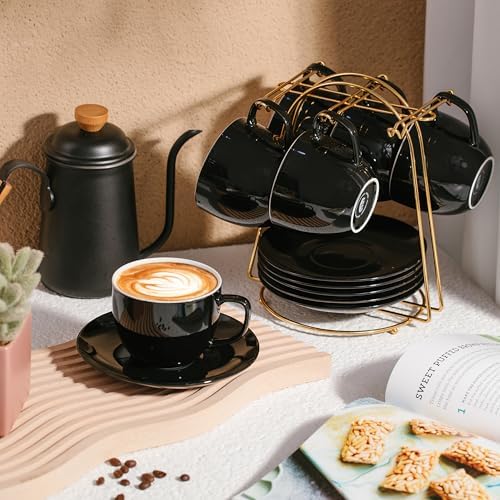 BTaT- Cappuccino Cups with Saucers 8 oz, Set of 6, Black Porcelain Coffee Cup and Saucer Set for Latte, Mocha, Tea, Au Lait, Flat White, Dishwasher, Microwave, Freezer and Oven Safe - Image 7