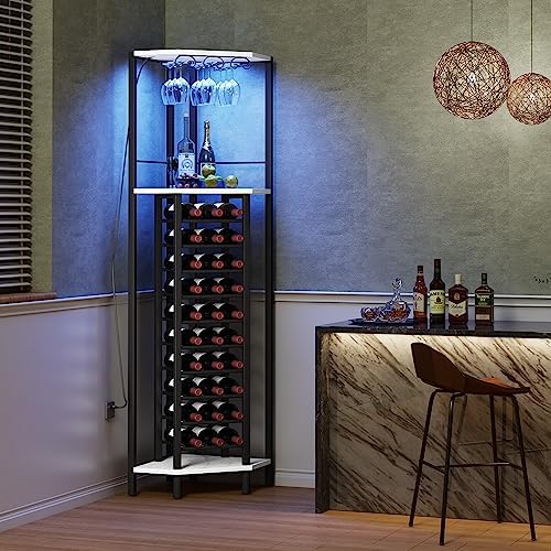 Homeiju Corner Wine Rack with Glass Holder and Led Strip Light, Corner Bar Wine Racks Freestanding Floor, Industrial Corner Bar Cabinet for Kitchen, Dining Room, Living Room or Cellar by Homeiju