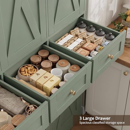HOSTACK 67"H Farmhouse Kitchen Pantry Storage Cabinet with 3 Drawers, Green - Image 6