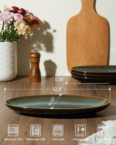 12.8" Oval Serving Platters, Stoneware Party Tray Set for Entertaining, Microwave Safe Large Platter for Fruit/Cheese/Cookie/Sushi/Appetizer, Ceramic Serving Trays Plates of 4, Aurora Green - Image 2