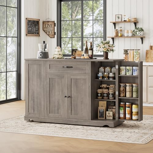 HOSTACK Kitchen Island Cart with Storage, Rolling Island Table, Ash Gray - Image 4