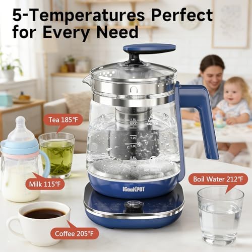 Electric Kettle 1.5L Borosilicate Glass, 1200W Temperature Control Tea Kettle with Auto Shut-Off & Boil-Dry Protection, BPA-Free Stainless Steel Base, Fast Boil for Coffee & Tea, Blue - Image 3