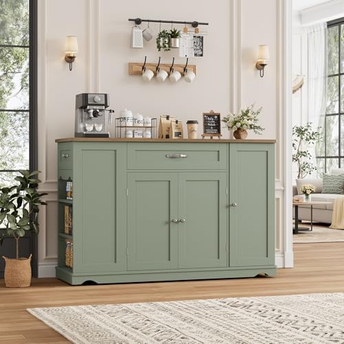 HOSTACK 47" W Kitchen Island Cart with Storage, Rolling Island Table, Green - Image 3