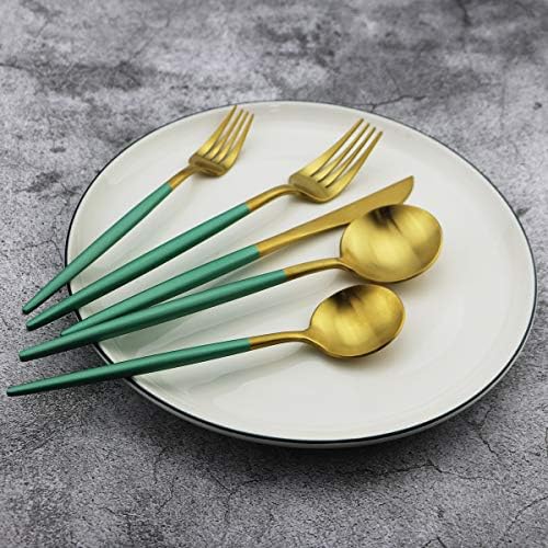 Green Handle Matte Gold Silverware, Gugrida 5-Piece 18/10 Stainless Steel Flatware Set, Kitchen Utensils, Tableware Travel Cutlery for Camping Office Lunch, Satin Finish, Dishwasher Safe - Image 2