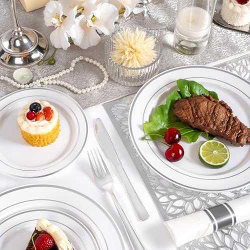WDF Partyware 175PCS Sliver Plastic Plates - Silver Plates Disposable - White Plate with Silver Trim 25Guests Plastic Dinnerware Sets with Rolled Napkins for Wedding Baby Shower Spring Birthday - Image 4