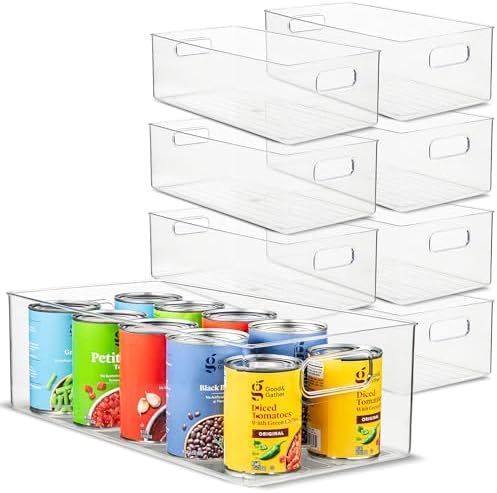 Plastic Food Storage 8 Pack Clear Container Bin with Handles for Organizing Kitchen, Pantry, Refrigerator, Freezer, Pantry, Cabinet, Closet, Bathroom. 16”x8”x5” by primebox