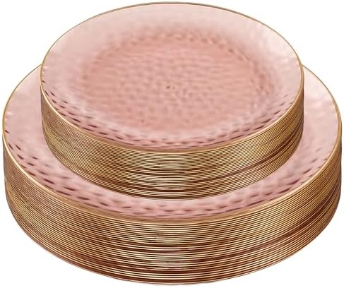 PLASTICPRO 64 Piece Combo Plates Set includes 32-7'' inch Plates & 32-10'' inch Dishes Rose Hammered Plastic PartyPlates Premium heavyweight Elegant, Disposable, Tableware, Dishes, by PLASTICPRO